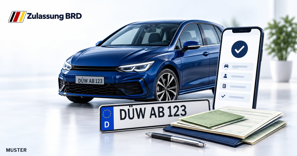 Online Fahrzeugzulassung in Landkreis Bad Dürkheim: Musterkennzeichen DÜW AB 123, Auto und Fahrzeugpapiere und Smartphone. Illustration mit Logo von Zulassung BRD.